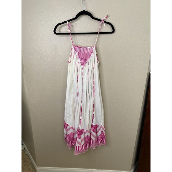 Boho White & Magenta Maxi Dress Adjustable Spaghetti Straps Striped Hem Graphic - Picture 3 of 5